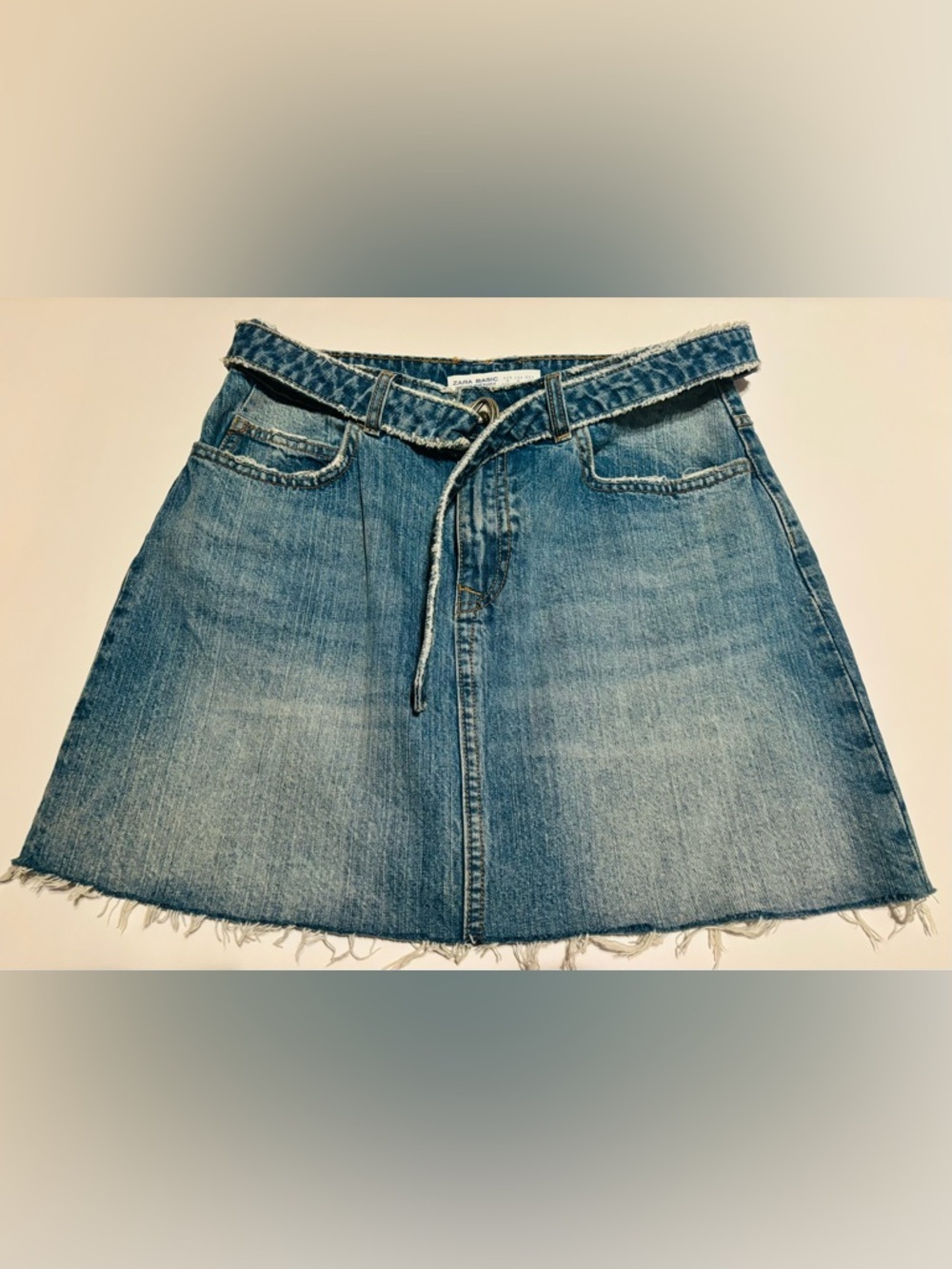 Zara Light Blue Denim A-Line Mini Skirt with Tie Waist